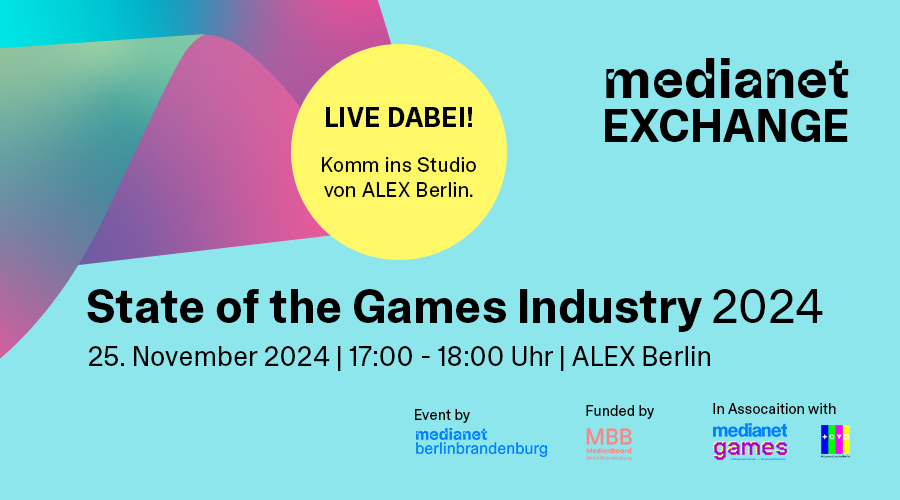Heute übertragen wir von 17:00-18:00 Uhr live aus unserem Studio das "medianet EXCHANGE: State of the Games Industry 2024" und widmen uns der Games-Industrie in der Hauptstadtregion. Zu sehen auf ALEX TV, auf Youtube ("medianetbb") und auf Facebook. alex-berlin.de/live/3362