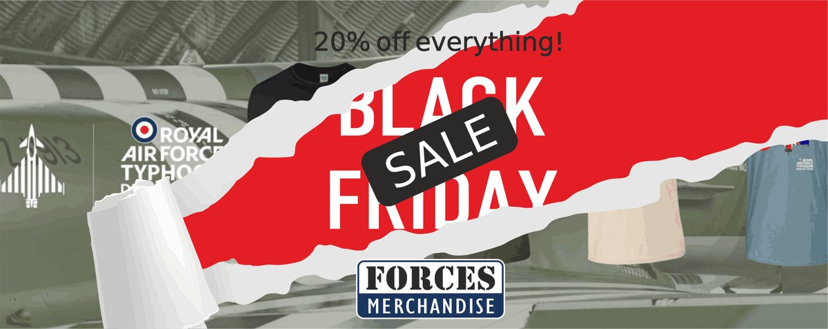 needhamsuniform's tweet photo. We're tearing the covers off our big Forces Merchandise BLACK FRIDAY event! Use code BLACK20 to get 20% off everything including all current offers and promotions! Shop your essentail @RAFTyphoonTeam and @RAFBBMF merchandise now! https://t.co/cfVA0ZFxR4 https://t.co/0NyD2ql6MG