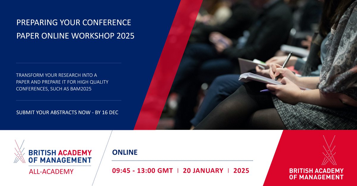❓Looking to submit your work to #Conferences, such as #BAM2025?

Submit your abstracts to our online 'Preparing Your Conference Paper Online Workshop' on 20 Jan 2025 to transform your research into a high-quality conference paper.

Find out more at bam.ac.uk/events-landing…