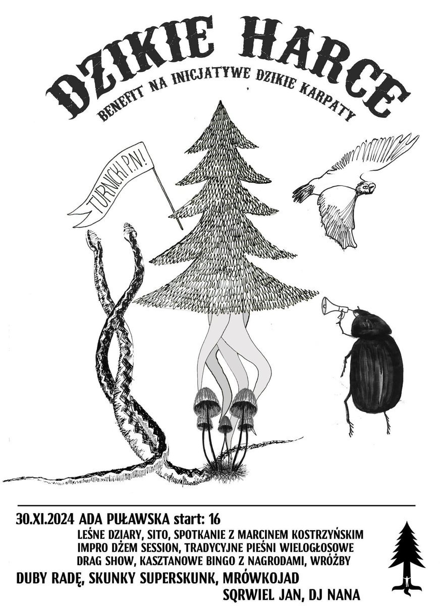 Dzikie Harce, czyli benefit na Inicjatywę Dzikie Karpaty! 

Spotkajmy się by wspólnie świętować, bawić się i planować następne akcje w Puszczy Karpackiej.

Kiedy? Sobota 30.11 16:00
Gdzie? ADA Puławska
Co? Koncerty, impro, bingo i wiele więcej.

Widzimy się? 🌲🕺
