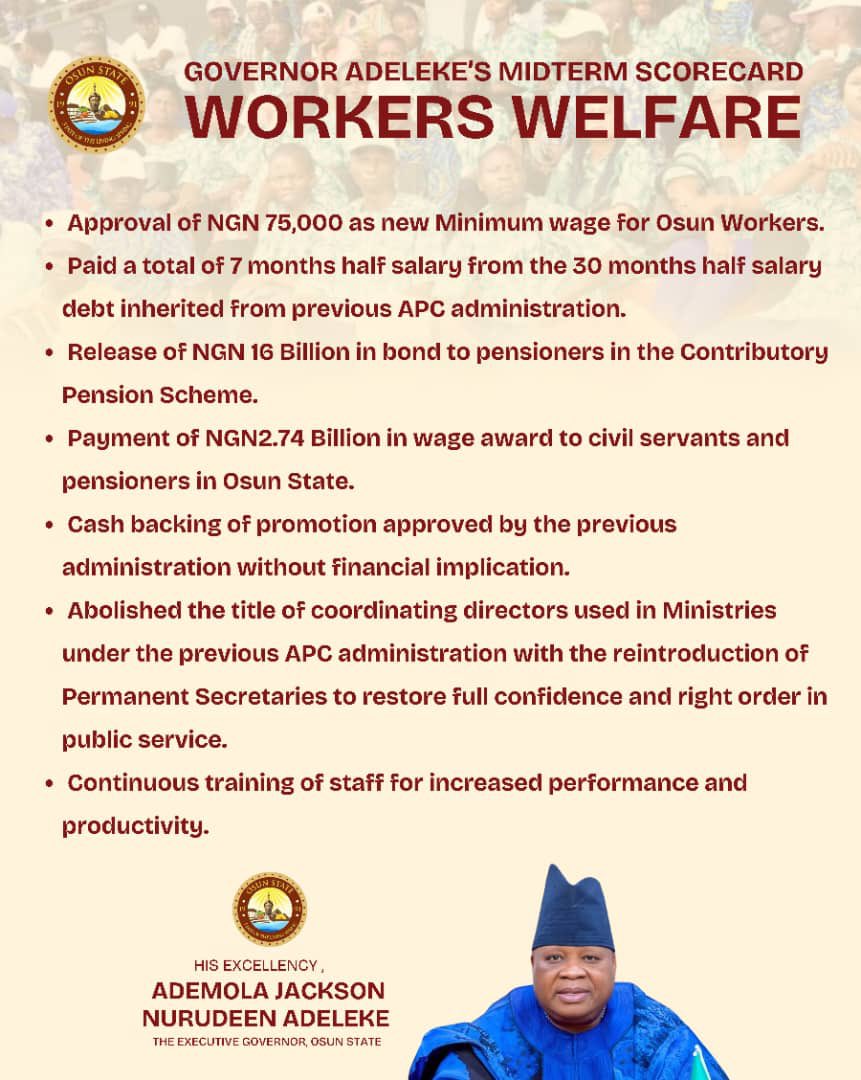 emmaikumeh's tweet photo. Today marks Sen. Ademola Adeleke’s second year in office. His score card looks really good with people-centred policies and development.

Reeling through some of his achievements particularly on civil service, I'm pleasantly surprised

Some of these are;

#AdelekeMidtermScorecard https://t.co/HtRjLsDN1m