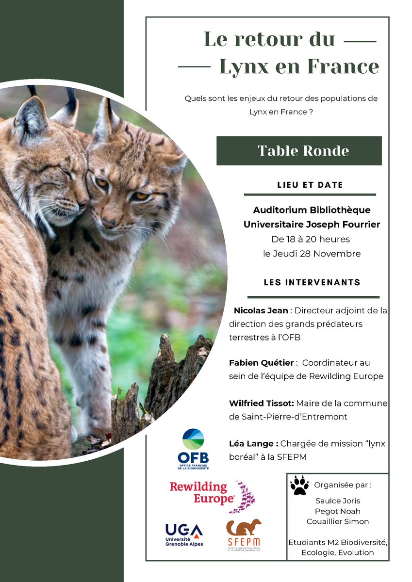 📢 Quels sont les enjeux liés au retour des populations de #lynx en France ? Une table ronde ouverte à toutes et tous organisée par les étudiants du master Biodiversité Écologie Évolution de <a href="/UGrenobleAlpes/">Université Grenoble Alpes</a>
🗓️ Jeudi 28 nov | 18h
📌Auditorium de la @BUGrenobleAlpes Joseph Fourier