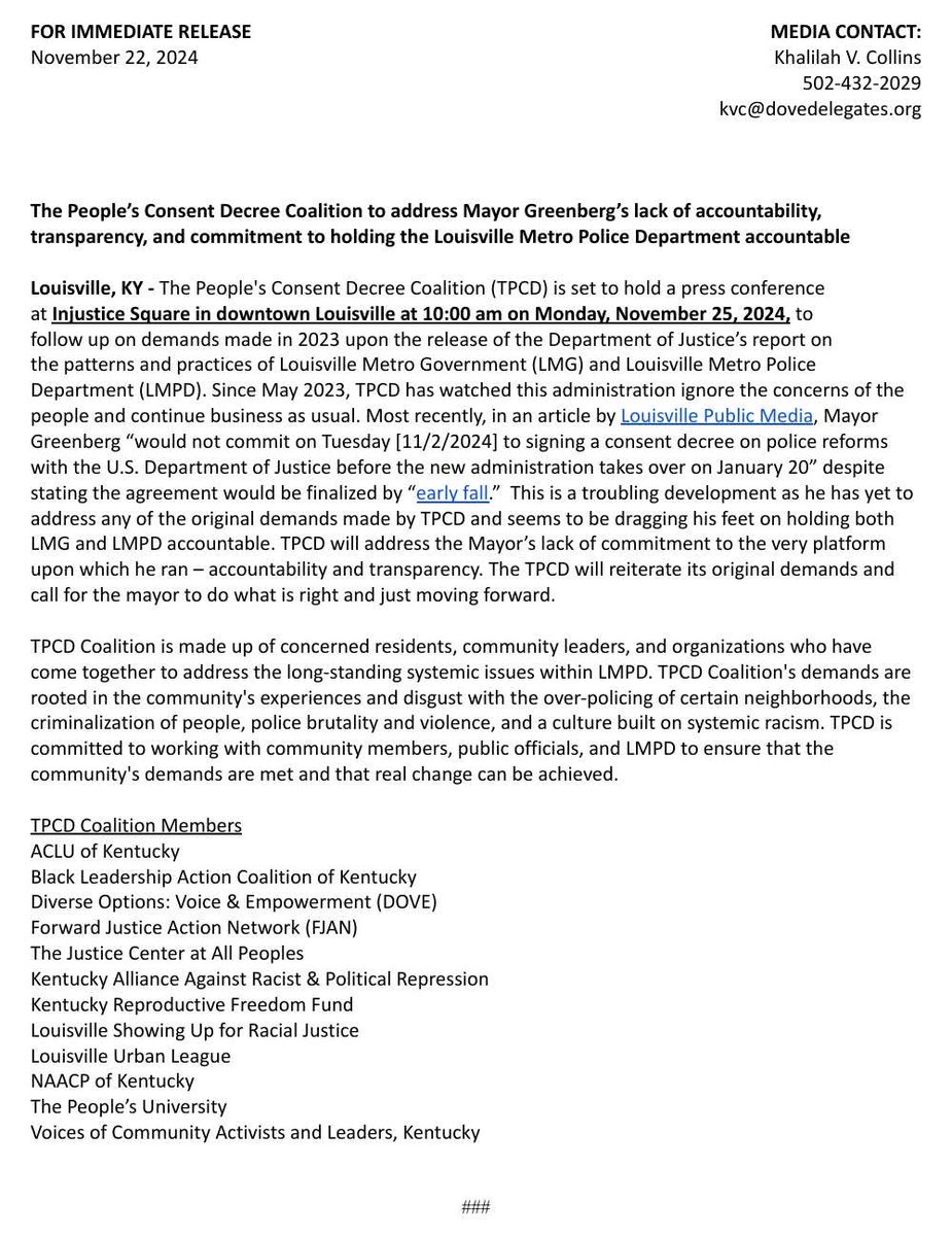 Join us at 10am today at Jefferson Square Park aka #InjusticeSquare for a presser on The Concent Decree our Louisville Metro Police Department earned. 

The People’s Consent Decree Coalition to address Mayor Greenberg’s lack of accountability, transparency and commitment to