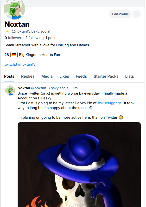 Jetzt mit der Zeit habe ich mich doch noch endlich entschieden auf Bluesky zu wechseln.
bsky.app/profile/noxtan…

Das aktulle Bild werde ich hier nicht posten, wegen Gronk, aber ich habe mich an Skulduggery versucht :D

Werde den Twitter-Acc nicht direkt löschen tho. Später vll.