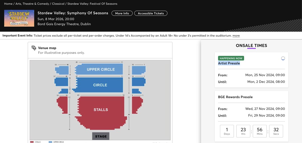 MaybeTara's tweet photo. @StardewConcert Heyo, I can't seem to access the Dublin presale? I'm using the link from the stardewvalleyconcert website, but I'm just seeing this: https://t.co/Zokc4y42dW