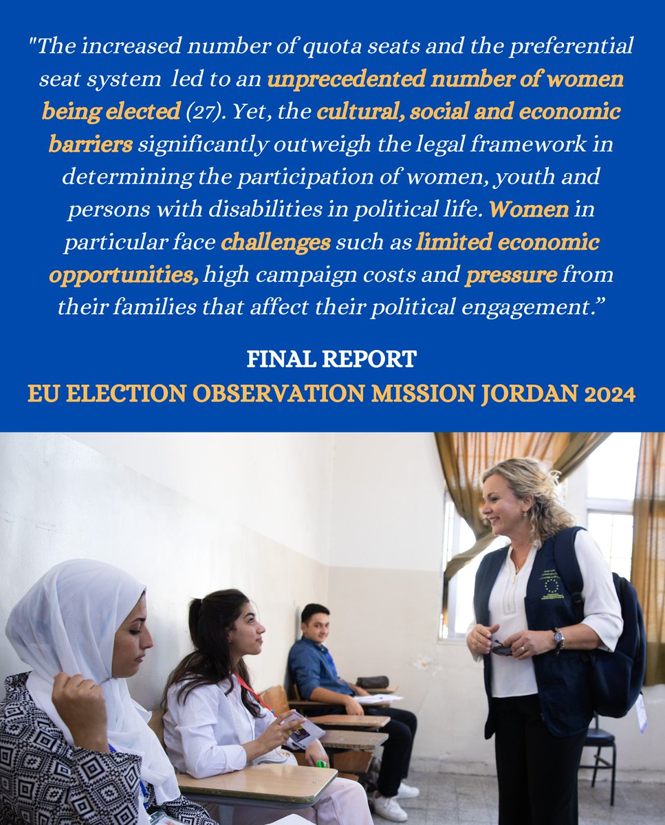EUeomJordan2024's tweet photo. The EU EOM observed the participation of women and youth in the electoral process. It recommends to enhance the representation of women and youth by increasing their opportunities to stand for election through more preferential placements in the General Electoral District lists. https://t.co/wDpsXduzFW