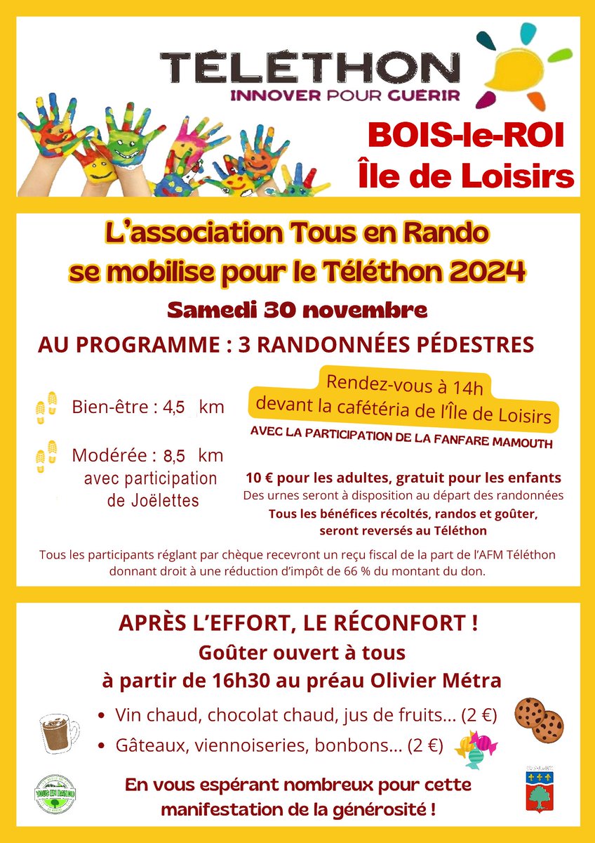 L’association Tous en Rando se mobilise pour le 𝗧𝗲́𝗹𝗲́𝘁𝗵𝗼𝗻 𝟮𝟬𝟮𝟰 le 𝗦𝗔𝗠𝗘𝗗𝗜 𝟯𝟬 𝗡𝗢𝗩𝗘𝗠𝗕𝗥𝗘 𝟮𝟬𝟮𝟰 🚶
🥾 Bien-être 4,5 km
🥾 Modérée 8,5 km
📍 14h devant la cafétéria de l’Ile de Loisirs à Bois-le-Roi
tousenrando-blr.org/index.php/tele…