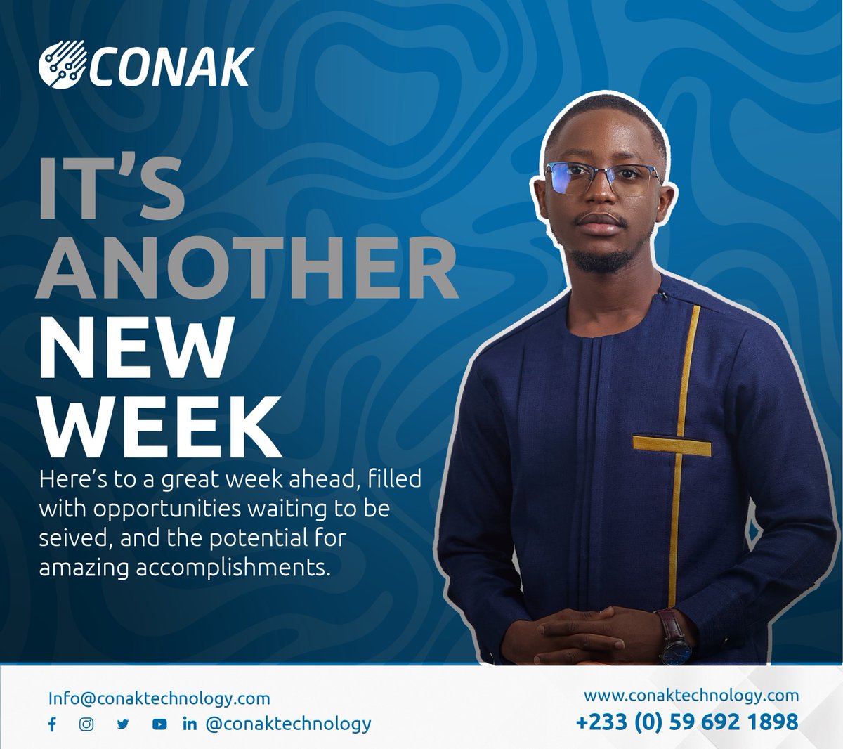 ConakTechnology's tweet photo. New week, fresh goals! Let’s make this Monday the start of something amazing.

#CONAK #technology #techGhana #businesssolutionsconsultant #MondayNewWeek #Odoo18 #Businessweek https://t.co/y4u3oPSkyQ