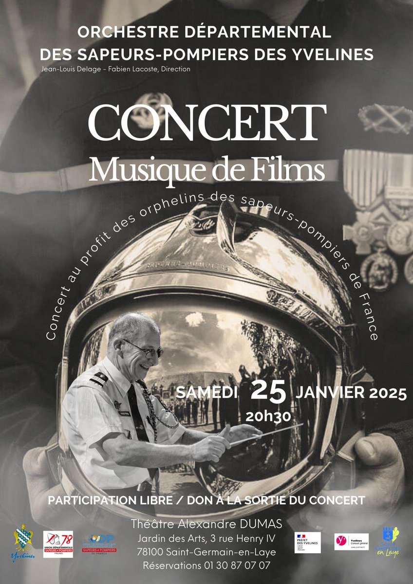 #Concert | Rejoignez l’orchestre départemental des sapeurs-pompiers des Yvelines le 25 janvier 2025 pour une soirée inoubliable "Musique de films". 

Tous les bénéfices seront reversés à l'œuvre des pupilles, une belle cause que nous soutenons avec passion. 🤝❤️

Réservez vos