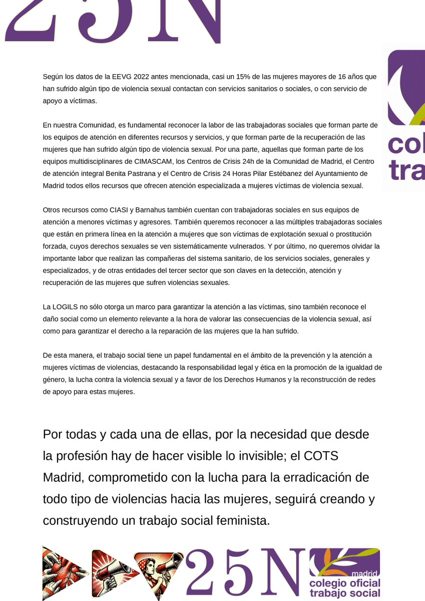 #TS25N | Desde el #COTSMadrid, perseguimos que no se minimicen las agresiones sexuales.

Todas las mujeres merecen un entorno seguro y libre de violencia.

+ info: comtrabajosocial.com/campana-del-co…

#DíaContralaViolenciadeGenero #25N