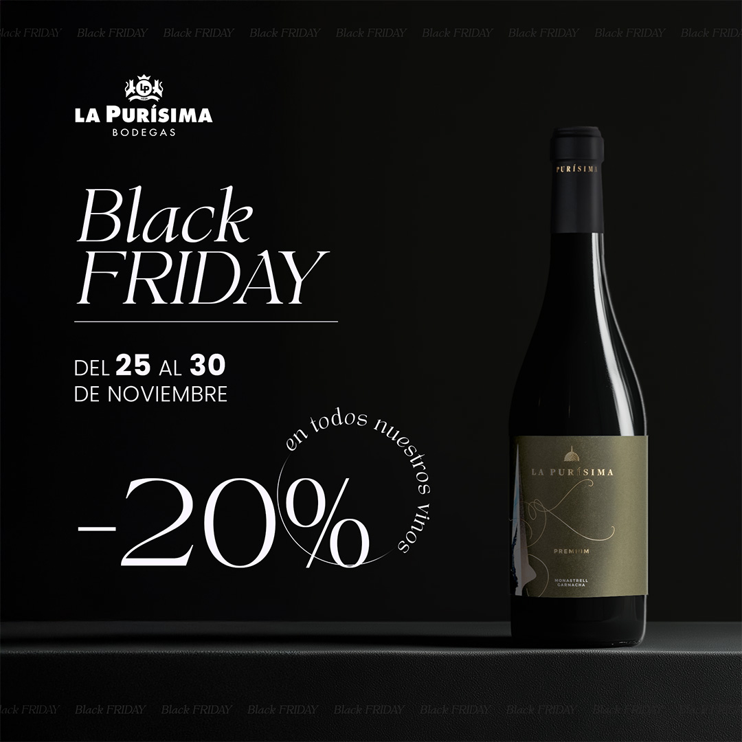¡Black Friday en Bodegas La Purísima! 🍷🖤 Disfruta de un 20% de descuento en todos nuestros vinos. 
Promoción válida desde hoy hasta el 30 de noviembre. ¡No te lo pierdas! 🍇
bodegaslapurisima.com

#BlackFriday #Vinos #LaPurísima #Yecla #DOYecla