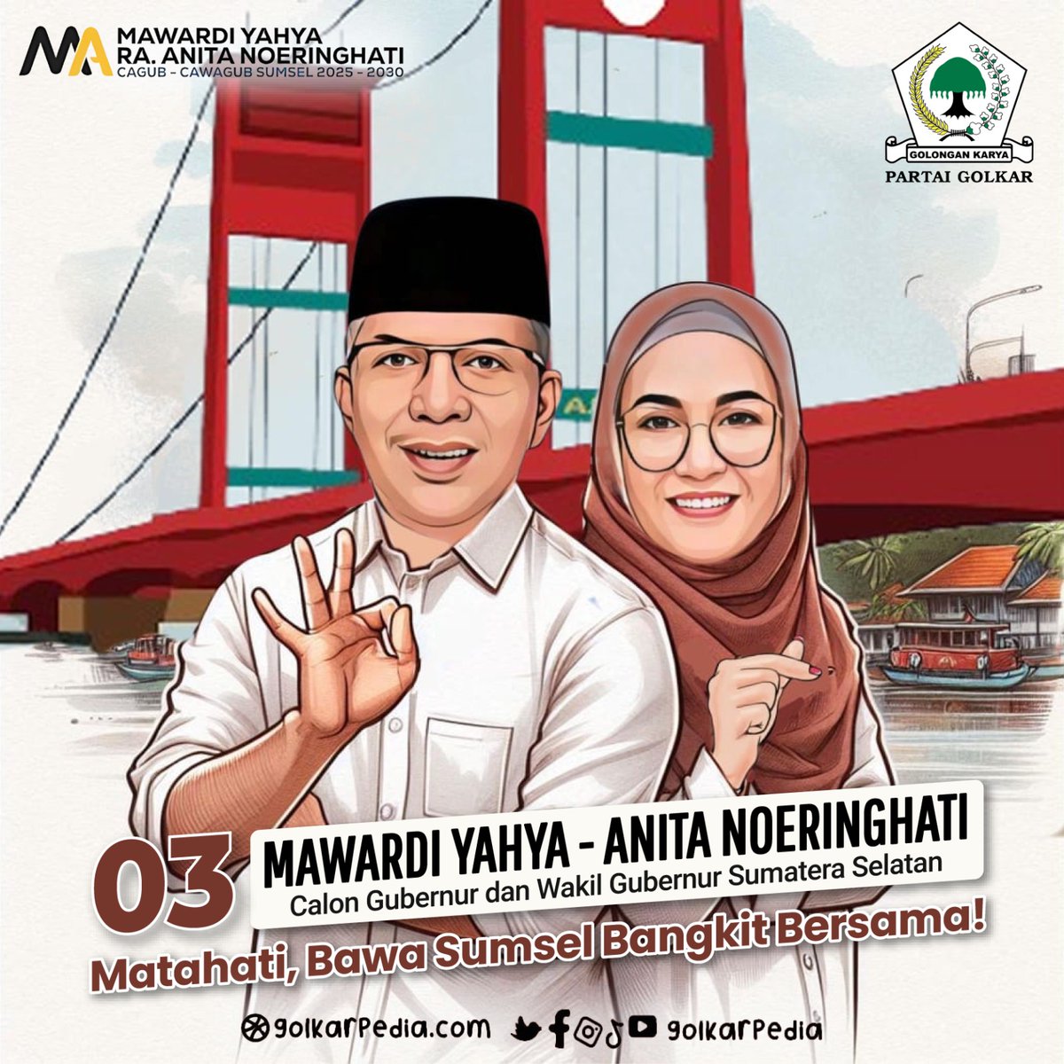 golkarpedia's tweet photo. Pilkada 27 November 2024
Jangan Lupa, Datang ke TPS
Mawardi Yahya-Anita Noeringhati
Cagub dan Cawagub Sumatera Selatan (Sumsel) Nomor 3 (TIGA)
Matahati, Bawa Sumsel Bangkit Bersama!
#matahati #sumselbangkit
#partaigolkar #golkarindonesia
#bahlillahadalia #golkarpedia
#PilkadaSerentak #Pilkada2024
