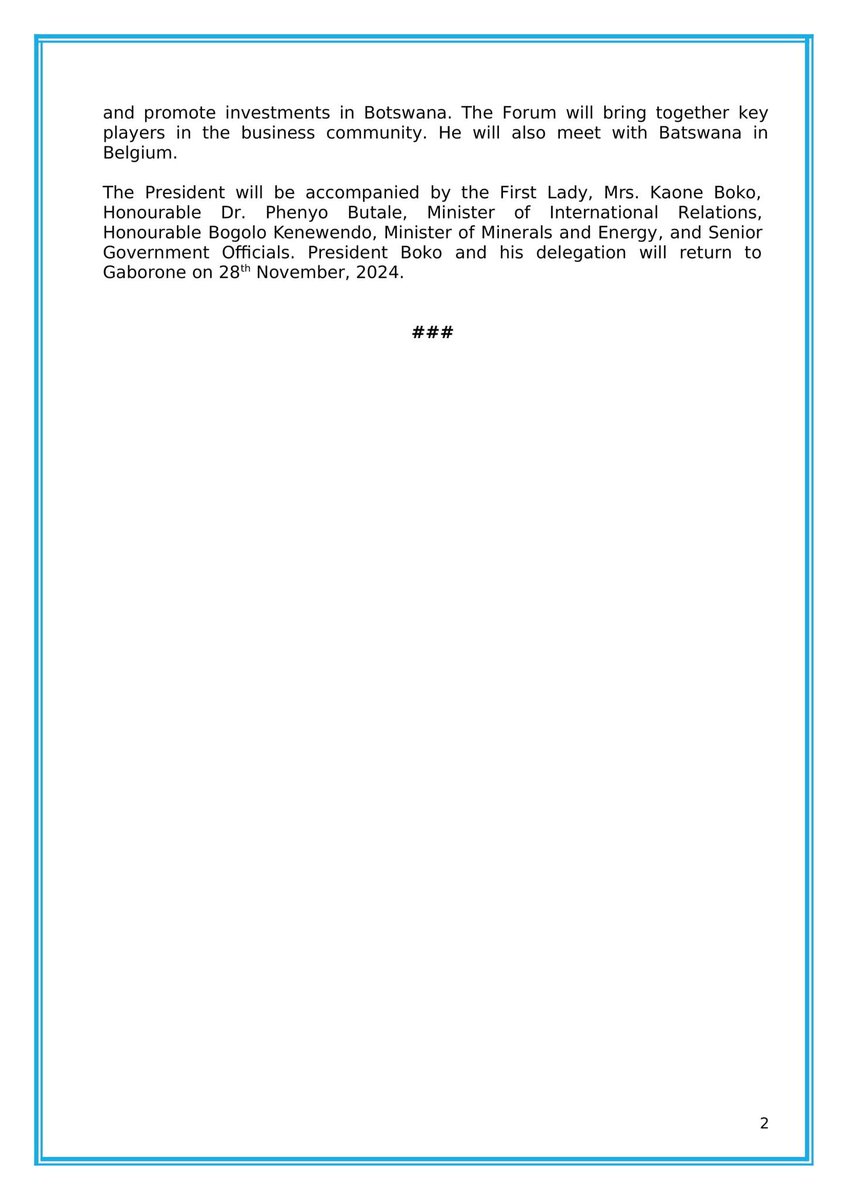 PRESS RELEASE- PRESIDENT BOKO UNDERTAKES A WORKING VISIT TO BELGIUM