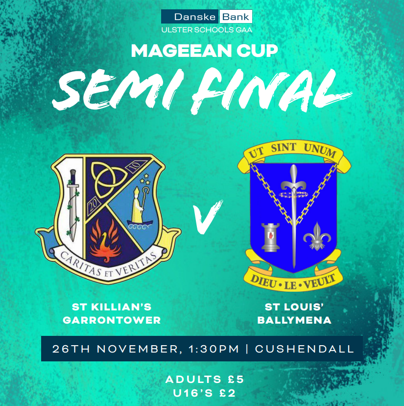 FIXTURE

<a href="/DanskeBank_UK/">Danske Bank</a> Mageean Cup Semi Final🏆

🟦🟨 <a href="/SLGBallymena/">St Louis Ballymena</a> V
🟨🟦 <a href="/StKilliansTD/">St Killians TD dept</a> 

📆Tuesday 26th November
📍Cushendall
⌚1:30pm

📺This game will not be streamed, please do not click on any links.