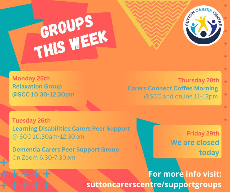 SuttonCarers's tweet image. For the last week of November, join our weekly #relaxation &amp;amp; #CarersConnect #CoffeeMorning sessions, or monthly #LearningDIsabilities #unpaidCarers Group and evening #DementiaCarers groups. We're closed on Friday, but don't forget to RSVP online for our festivities next week 🥳🎄