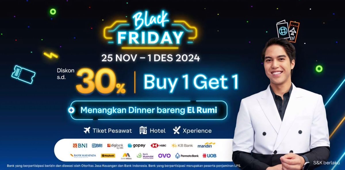 Liburan hemat tapi tetep keren? Traveloka Black Friday jawabannya! Promo diskon s.d 30% + BUY 1 GET 1 ini cuma sampai 1 Des. Yuk buruan cari tiket pesawat, hotel, atau Xperience favoritmu sekarang! 🤩 #TravelokaBlackFridayID Travel The World