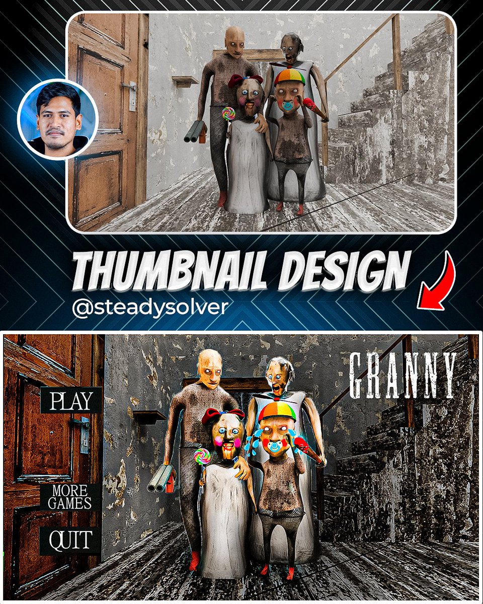 SteadySolver's tweet image. 🎮 Want thumbnails that grab attention and boost clicks? Check out this killer Granny horror game design! 👻🔥

DM me for custom YouTube thumbnails that’ll make your channel stand out. Let’s level up your content!  #YouTubeThumbnails #GamingCreator #granny