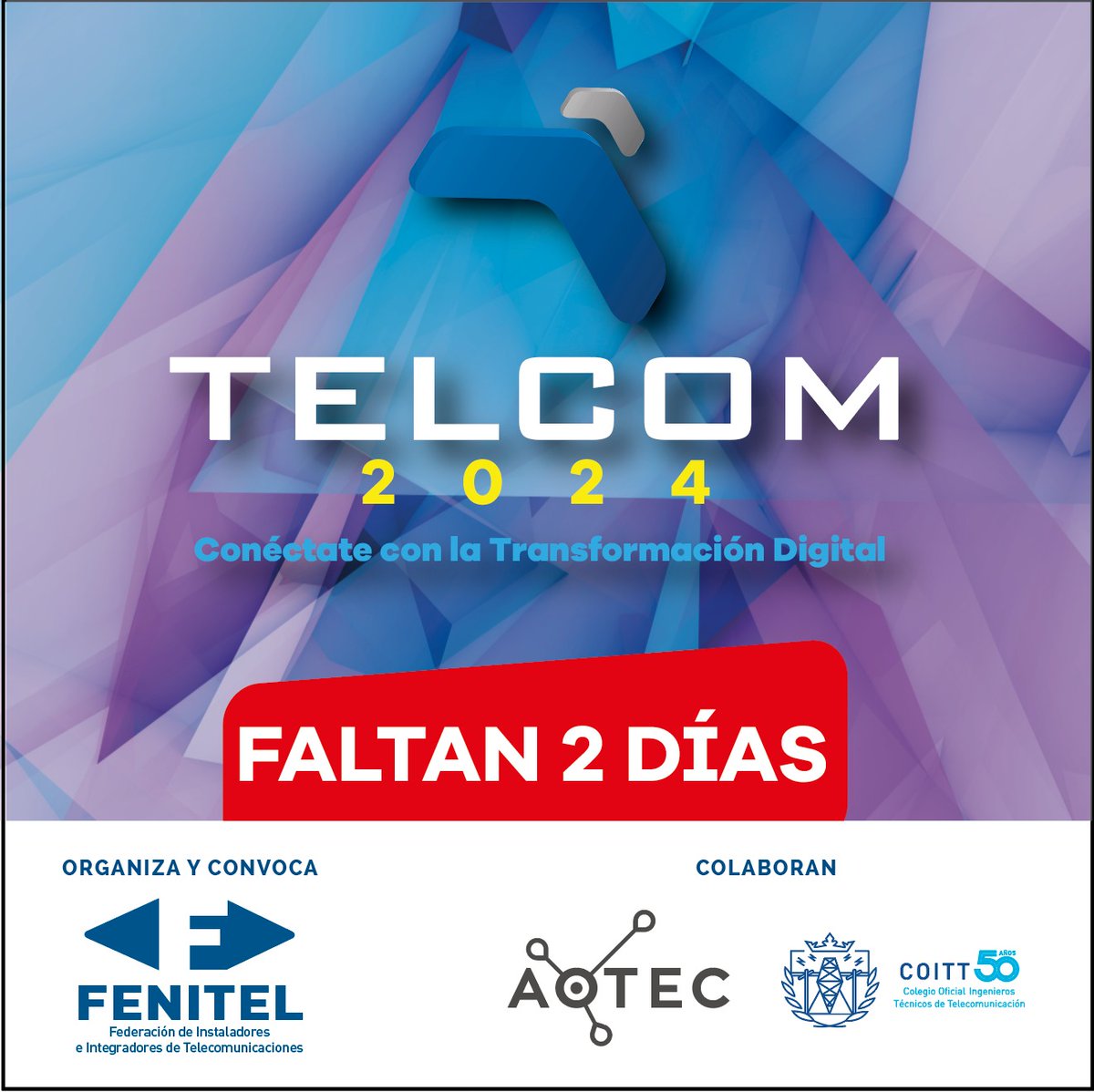 AbitelBizkaia's tweet image. 😃Ya solo quedan dos días para dar comienzo a #TELCOM2024, el evento del sector de las #telecomunicaciones organizado por @FENITEL_ES en colaboración con @aotec_es y @coitt_aegitt
¡No te lo pierdas!
fenitelcom.es