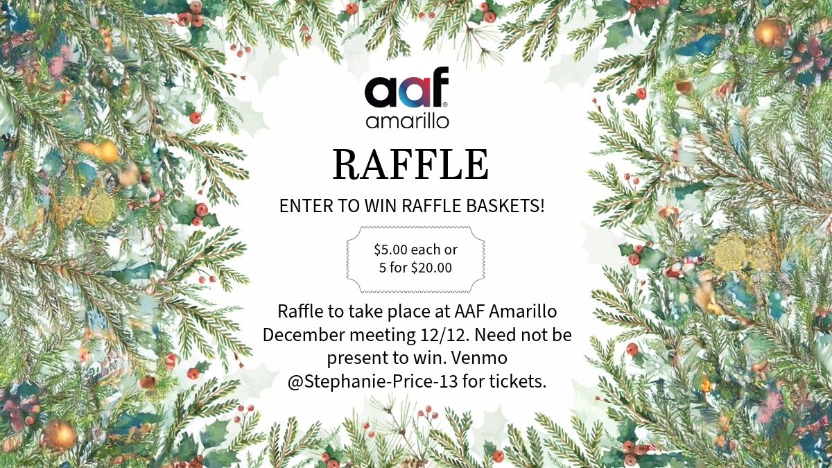 AAF_Amarillo's tweet photo. Great news! There is still time to purchase tickets to win some amazing raffle baskets! Tickets will be for sale online via Venmo until 12/11 at 11:30am. Raffles will happen on Dec 11th! Need not be present to win. #win #entertowin #getaraffleprize https://t.co/oOFbRac4Bj
