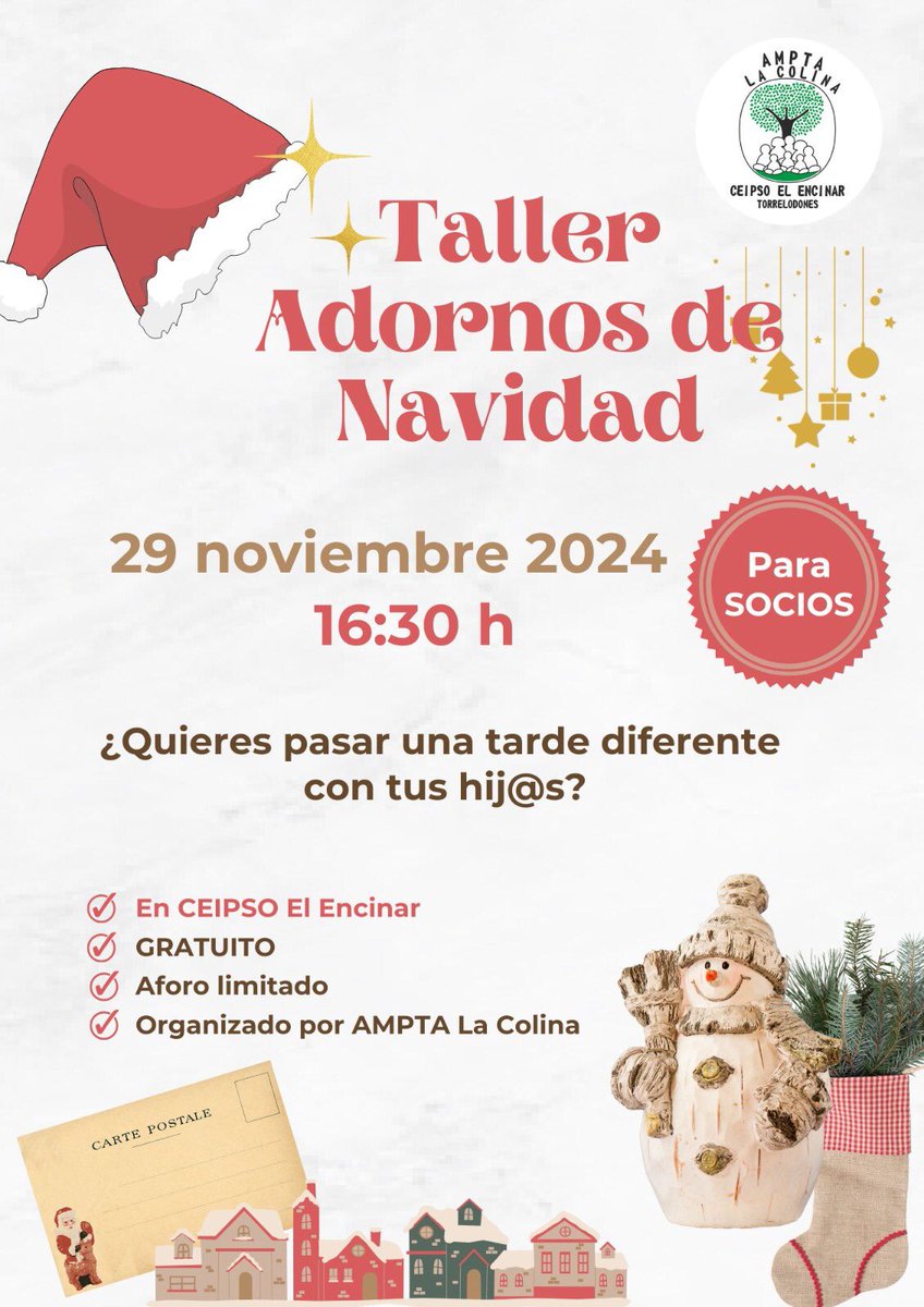 ‼️Para SOCIOS ‼️
Taller de adornos de Navidad en <a href="/CeipsoElEncinar/">CEIPSO El Encinar</a>. Os esperamos el viernes 29 a las 16:30. Si eres socio, sólo tienes que inscribirte 👉🏻 forms.gle/XZJNMH9W8McsHP…

⭕️ Aforo limitado