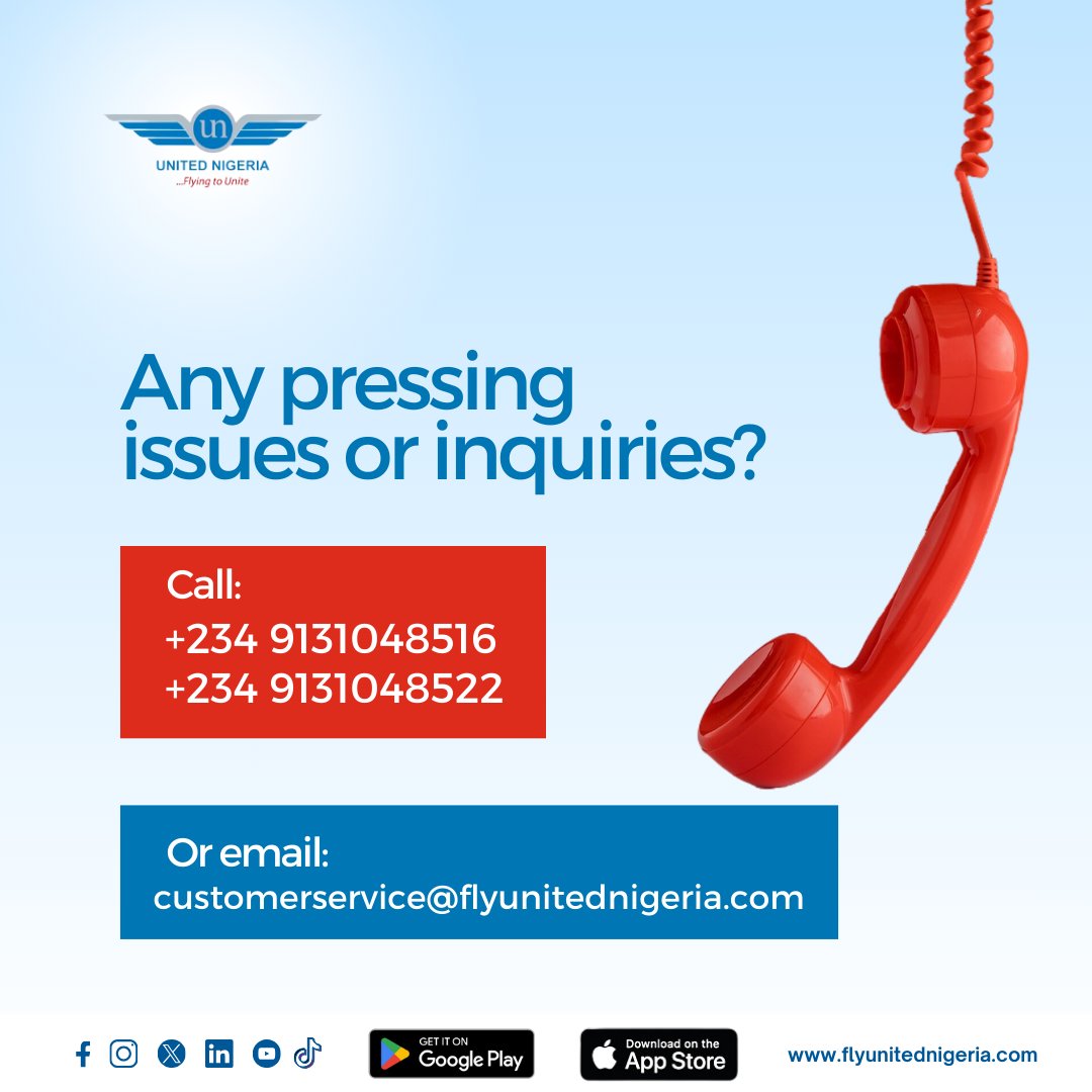 flyunitedng's tweet photo. Happy new week! Any inquiries or pressing issues with your booking? We are just a call or text away!

#UnitedNigeriaAirlines #FlyUnitedNigeriaAirlines #FlyingToUnite #AMoreRewardingWayToFly #callcentre #contactustoday https://t.co/Fo9aQ9vaWr