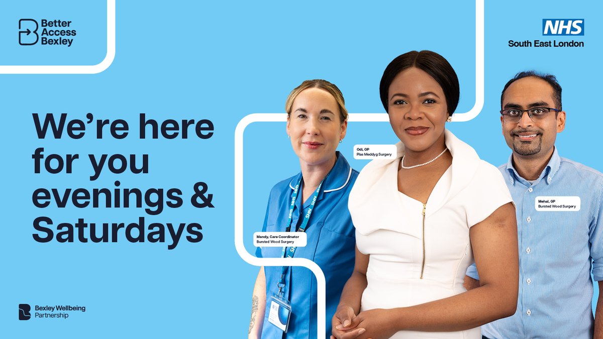 In addition to normal GP opening hours, Bexley GP surgeries also offer early morning, evening and Saturday appointments in partnership with their neighbouring practices. Ask your practice for more information. 
bexleywellbeing.org/betteraccess