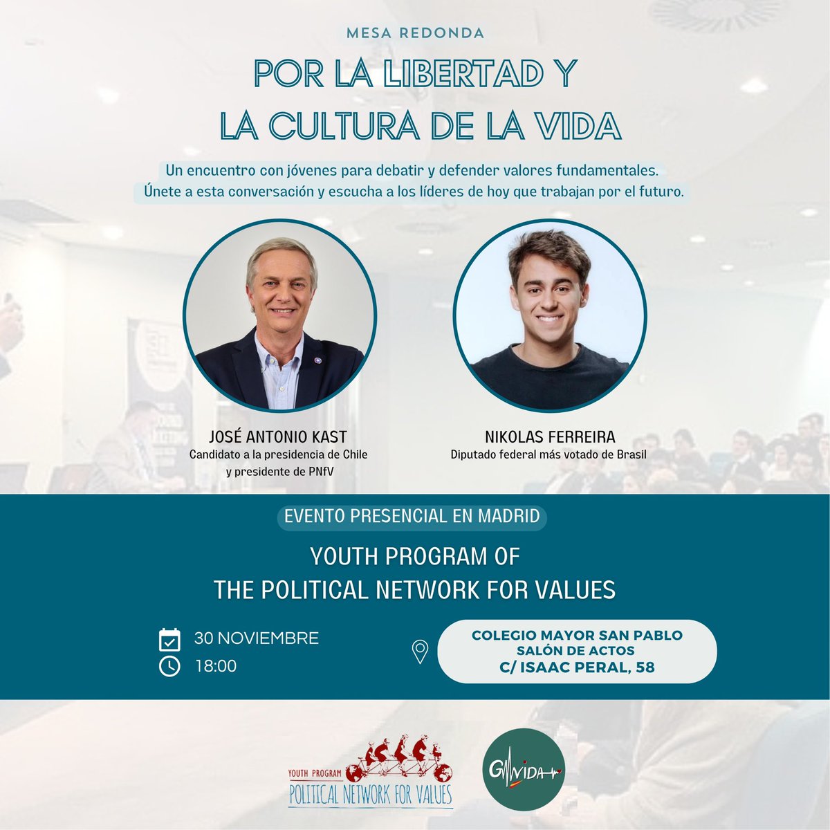 Gen_Vida's tweet photo. 🚨MESA REDONDA🚨

🔸Por la libertad y la cultura de la vida🔸

🤵🏼‍♂️con @joseantoniokast  y @nikolas_dm
📅Sábado 30 de noviembre 
🕕 18:00h
🇪🇸 MADRID: C/ Isaac Peral 58

No te lo pierdas…‼️ https://t.co/B6BYmIFMGq