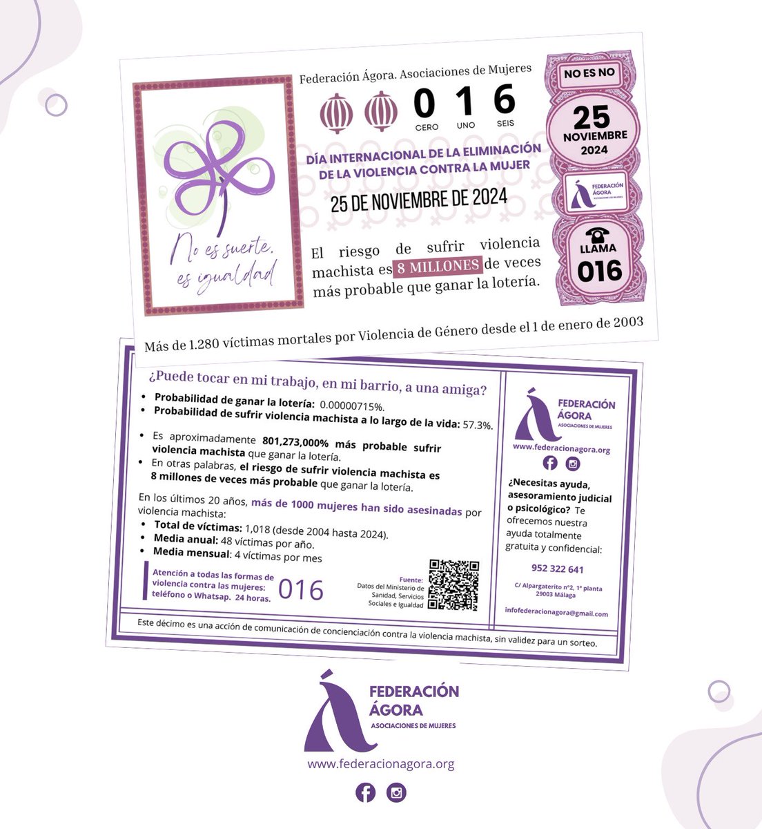 🍀🟣 Más de *8 MILLONES de probabilidades de que te toque* a lo largo de tu vida. Descubre la campaña de <a href="/FedAgora/">Federación Ágora</a> "No es suerte, es igualdad" 

👉 federacionagora.org/uncategorized/… #25N2024 #25Nov #igualdad #Loteria