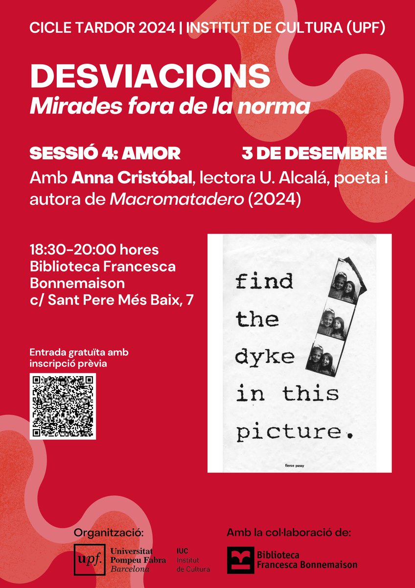 Sergi Castellà Martínez (@sergicastellam) on Twitter photo 03.12 | 18:30h | <a href="/bibfbonnemaison/">Biblioteca Francesca Bonnemaison</a> (C/ St Pere Més Baix, 7)
Cicle Desviacions: Mirades fora de la norma <a href="/HumanitatsUPF/">Humanitats UPF</a>
"Amor", amb Anna Cristóbal Lecina (<a href="/annacristle/">Anna Cristóbal</a>)
Sobre la potència transformadora i reparadora de l'amor queer.
Inscripcions gratuïtes: forms.gle/y7s5B3uJFbUXMM… 03.12 | 18:30h | <a href="/bibfbonnemaison/">Biblioteca Francesca Bonnemaison</a> (C/ St Pere Més Baix, 7)
Cicle Desviacions: Mirades fora de la norma <a href="/HumanitatsUPF/">Humanitats UPF</a>
"Amor", amb Anna Cristóbal Lecina (<a href="/annacristle/">Anna Cristóbal</a>)
Sobre la potència transformadora i reparadora de l'amor queer.
Inscripcions gratuïtes: forms.gle/y7s5B3uJFbUXMM…