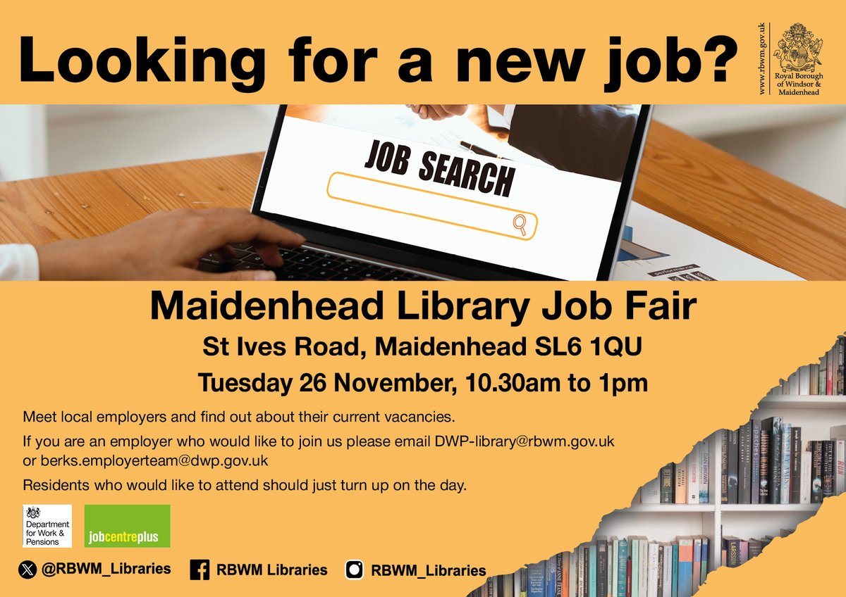 RBWM_Libraries's tweet photo. #Jobfair #MaidenheadLibrary tomorrow Tuesday 26 November 10.30am-1pm - @RBWM @SmartWorksHQ @Avon_UK @Optalis #Utilitywarehouse @KDT_Recruitment @CarouselBus @SurecareSlough @AWE_plc @RandstadJobs @clivedenhouse @HSBC_UK @RoyalNavy @SHSKent https://t.co/jQdjTSUdtf