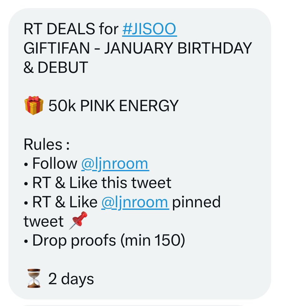 KIMJISOOVT's tweet image. [BDAY] GIFTIFAN | DEAL FOR #JISOO

📌 50K pink energy

Rules: 
- Follow @ljnroom 
- RT and Like this tweet
- RT and Like their pinned tweet
- Drop at least 150 proofs under this tweet
- Ends in 2 days

#FLOWER #지수 #블랙핑크지수 #ME
