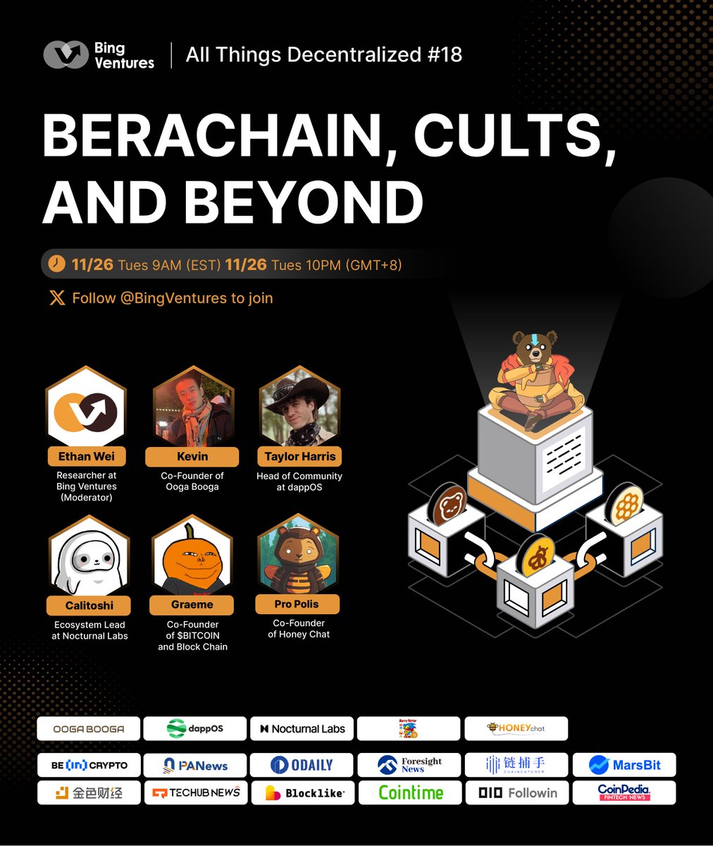 BingVentures's tweet photo. 🎙️Berachain, Cults, and Beyond

Join @BingVentures for another enlightening X Space to delve deep into @berachain, one of the most hyped L1 networks, and unpack its mystery and charm.🎇

💬Host: Ethan Wei, Researcher at @BingVentures 

🎤Speakers:
💎@whoiskevin, Co-Founder of @0xoogabooga
💎@0xtaydizzl, Head of Community at @dappOS_com
💎@calitoshi_nct, Ecosystem Lead at @nct_labs
💎@HalloweenIn2008, Co-Founder of $BITCOIN (@RealHPOS10I) and Block Chain
💎@Pro_Polis_x, Co-Founder of @HoneyChatApp

🗓️9 AM EDT (10 PM GMT+8) on Tues Nov 26, EDT
🎯Set a reminder: https://t.co/mNnyxN9Zkk

#Berachain #memecoin #PoL #Layer1 #DeFi #SocialFi #crypto #NFT
#PrizePicks #Giveaway #raffle #XSpace #TwitterSpace #PanelDicussion