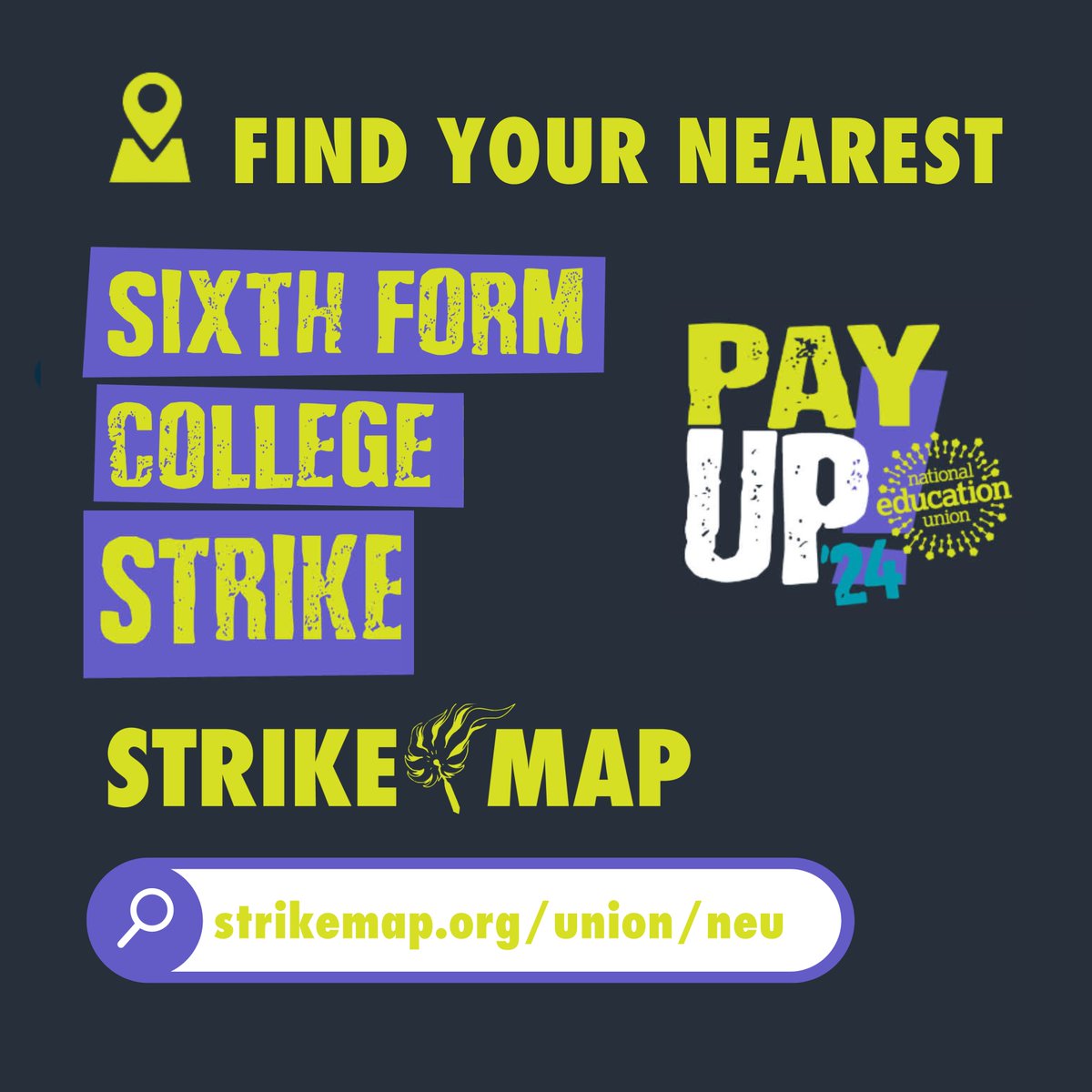 BREAKING 🚨| We have all the sixth form college picket lines from our affiliate <a href="/NEUnion/">National Education Union</a>. 

They start action this Thursday 28 November over pay and funding. 

📍Find and support your nearest picket line here: strikemap.org/organisation/n…

#StrikeMap #Solidarity #PayUp24