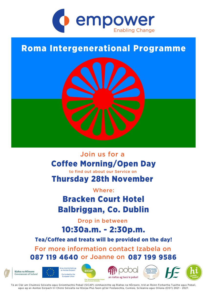 Empower ๐ฎ๐ช๐ช๐บ (@empowerfingal) on Twitter photo The Roma Intergenerational Programme are having a Coffee Morning/Open Day on Thursday 28th November and would be delighted if you could join us in the Bracken Court Hotel, Balbriggan, from 10.30 am - 2.30 pm. #EmpoweringFingal #CoffeeMorning <a href="/ESF_Ireland/">ESF Ireland</a> The Roma Intergenerational Programme are having a Coffee Morning/Open Day on Thursday 28th November and would be delighted if you could join us in the Bracken Court Hotel, Balbriggan, from 10.30 am - 2.30 pm. #EmpoweringFingal #CoffeeMorning <a href="/ESF_Ireland/">ESF Ireland</a>