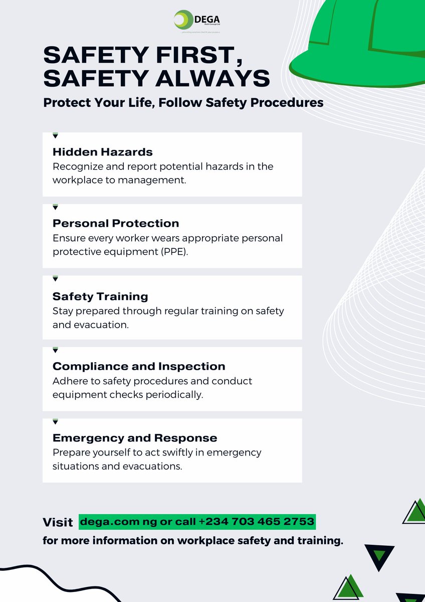 degamconcept's tweet photo. 🦺 Safety First, Safety Always!

Your safety is our priority!
Follow these essential workplace safety procedures to ensure a secure environment for everyone.

🔗 Visit: https://t.co/FbPNJLoPfG
📞 Call: +234 703 465 2753

Let’s build a safer workplace for all!
#monday
#safety https://t.co/Nh9oA6HDt3