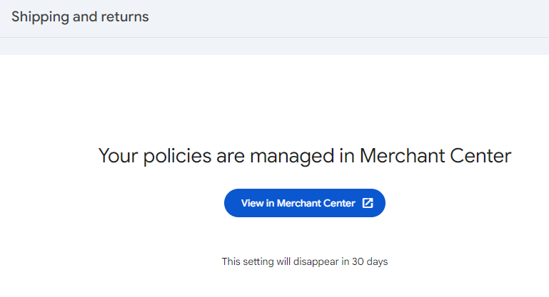 jasonlax's tweet photo. @rustybrick Are the Search Console's Shipping and returns settings disappearing from Search Console in 30 days? (~6 months after launch.) https://t.co/DYG5QnC3kj