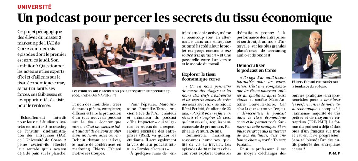 IAE_Corse's tweet photo. [𝗥𝗲𝘃𝘂𝗲 𝗱𝗲 𝗣𝗿𝗲𝘀𝘀𝗲 🗞️]

Inspirer la nouvelle génération de leaders, c’est l’ambition du Podcast créé par nos étudiants de M2 Marketing avec le soutien de Thierry Fabiani et Marc-Antoine Bouteille Torre 

Un grand merci à @Corse_Matin pour cet article 🗞️ https://t.co/XFamSOlQjS