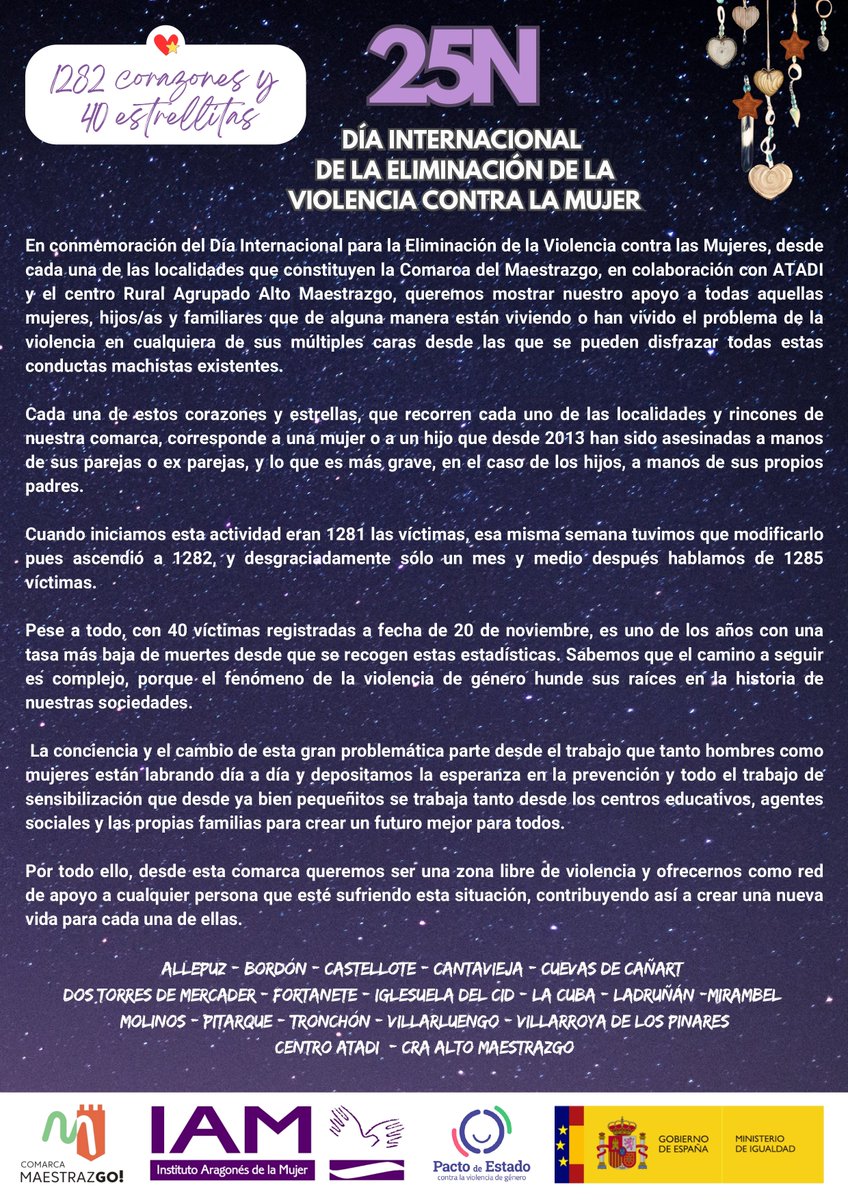👉 Hoy, 25 de noviembre, Dia Internacional de la Eliminación de la Violencia contra la Mujer, la Comarca del #Maestrazgo se viste de morado para apoyar a cualquier persona que sufra esta situación y para ser un territorio libre de violencia 🟣