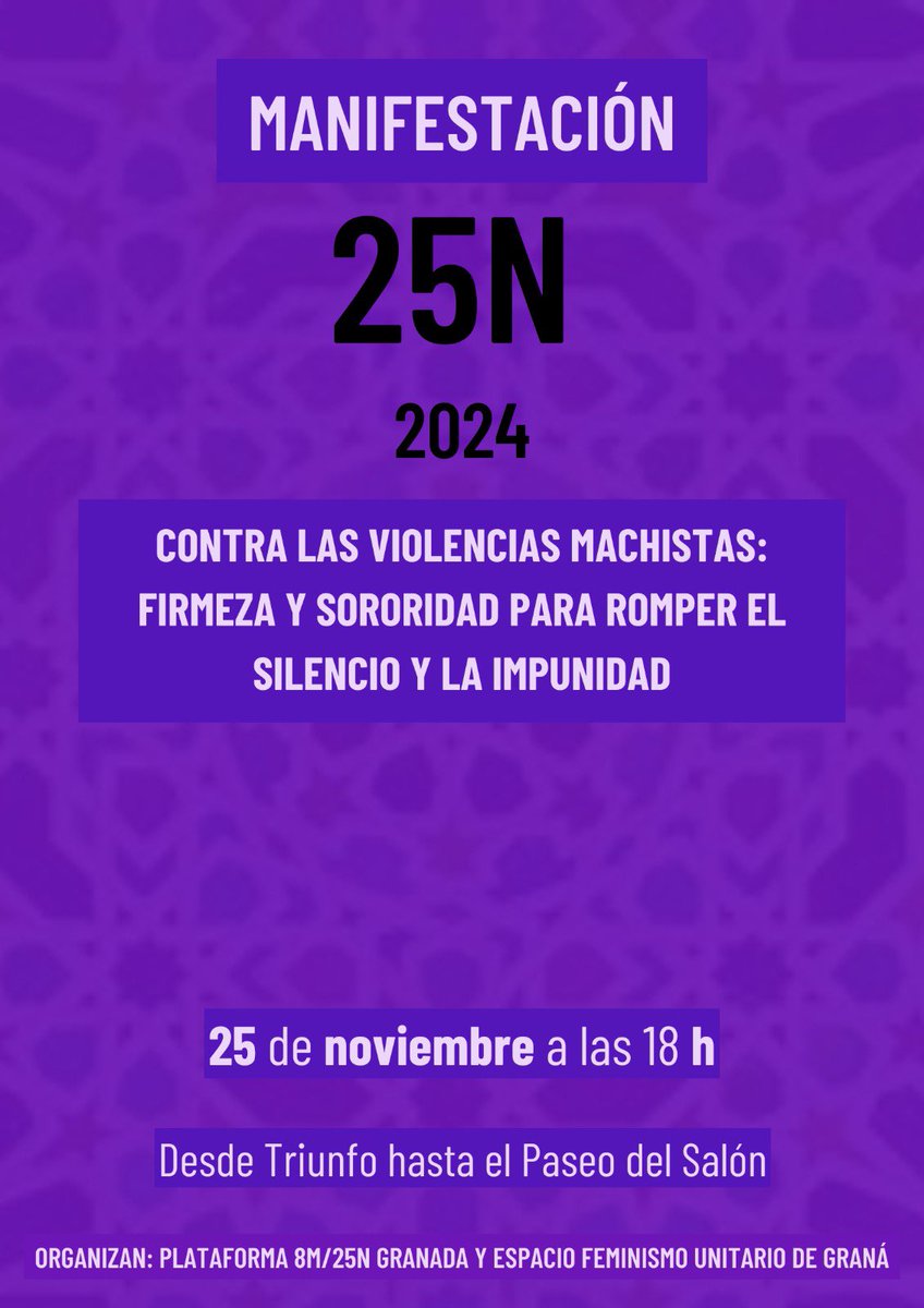 25N #diacontralaviolenciadegenero Estaremos y animamos a participar en la manifestación convocada en Granada (18 h Triunfo) por la Plataforma 8M/25N y Espacio Feminismo Unitario de Graná y más cuando acabamos de conocer el asesinato machista de una joven en Orihuela. Basta ya!