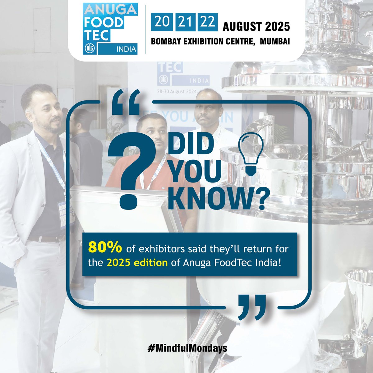 IndiaFoodtec's tweet photo. 80% of exhibitors are already gearing up to return for the 2025 edition of Anuga FoodTec India!
📢 Don’t miss your chance to be part of this incredible journey.

Avail Early Bird Offer: https://t.co/UZDILTZTfv

2024 Post Show Report: https://t.co/pvghiwDvkm

#SustainableSolutions https://t.co/peu7QJvacr