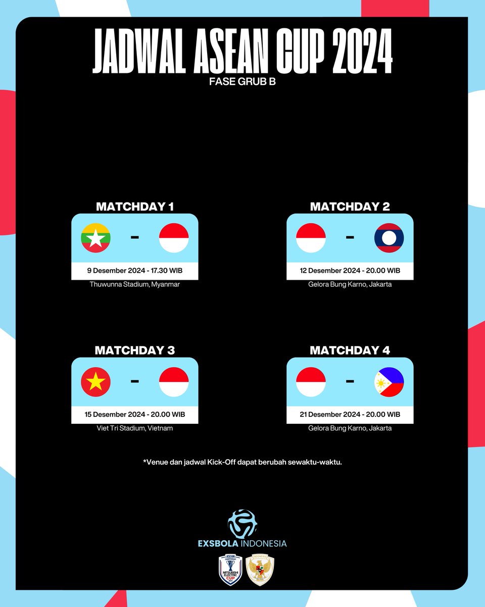 EKSBOLA's tweet photo. Berikut jadwal yang akan di lakoni Timnas Indonesia di ASEAN CUP 2024. Laga pertama akan menghadapi Myanmar dan selanjutnya akan menjalani Laga kandang di GBK menghadapi Laos. https://t.co/iJALqJiYW2