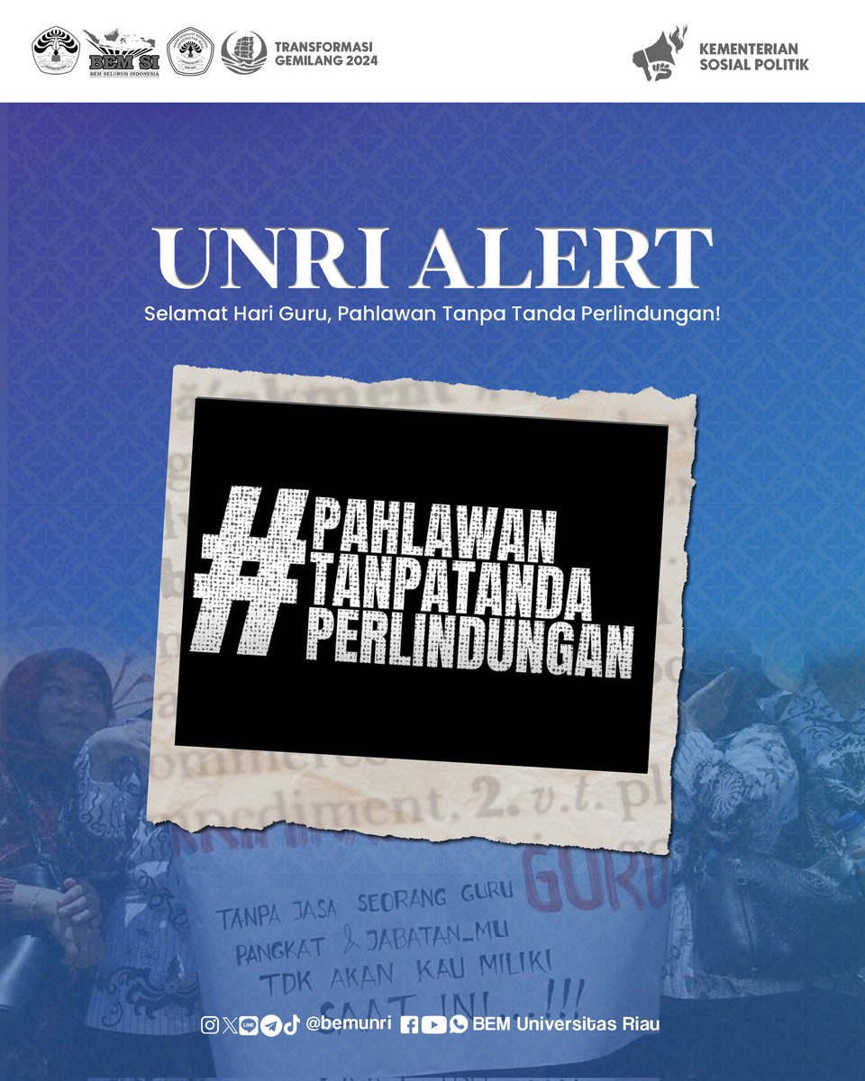 bemunri's tweet photo. [BEM UNRI KTG - UNRI ALERT : SELAMAT HARI GURU, PAHLAWAN TANPA TANDA PERLINDUNGAN!]

Halo, Sobat Biru Langit! 👋🏼

Cek selengkapnya di link https://t.co/WzMmBAcrEm https://t.co/dakcMcwUwz