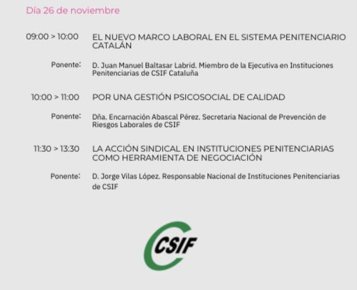 CSIFPRISIONES's tweet image. 🪀JORNADAS CSIF PRISIONES 2024🪀

EL NUEVO MODELO DE ORGANIZACIÓN Y NEGOCIACIÓN EN EL MARCO DE LAS PRISIONES DEL SIGLO XXI