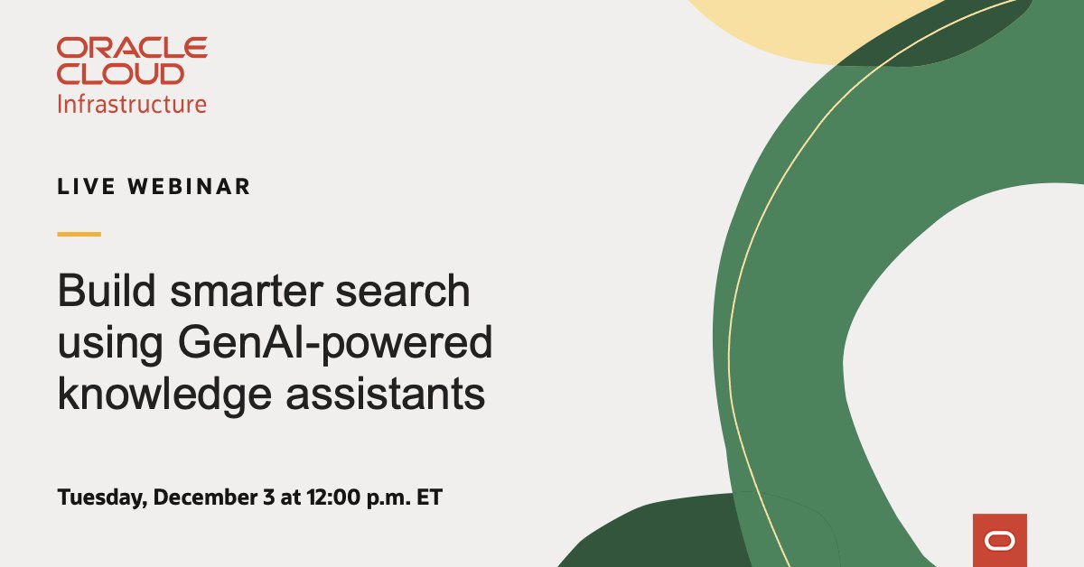 In this live webinar, you'll learn how to deploy <a href="/Oracle/">Oracle</a> GenAI RAG Agents, 23ai Vector Search, and OpenSearch on #OCI. Register today! #developers #AI #GenAI #autonomousdatabase
social.ora.cl/6017tJ6Ad