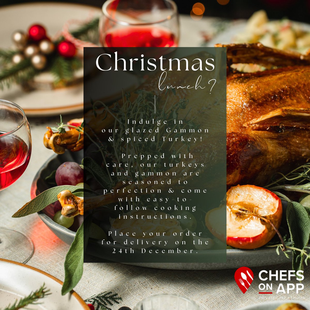 ChefsOnApp__'s tweet image. Celebrate Christmas with an unforgettable lunch prepared by our private chef. ✨🌲

Orders are still open and we look forward to being a part of your Celebration! 

• Turkey R750
• Glazed Gammon R750
• Deboned Lamb R495

Email: admin@chefsonapp.com
WhatsApp: 071 101 1094