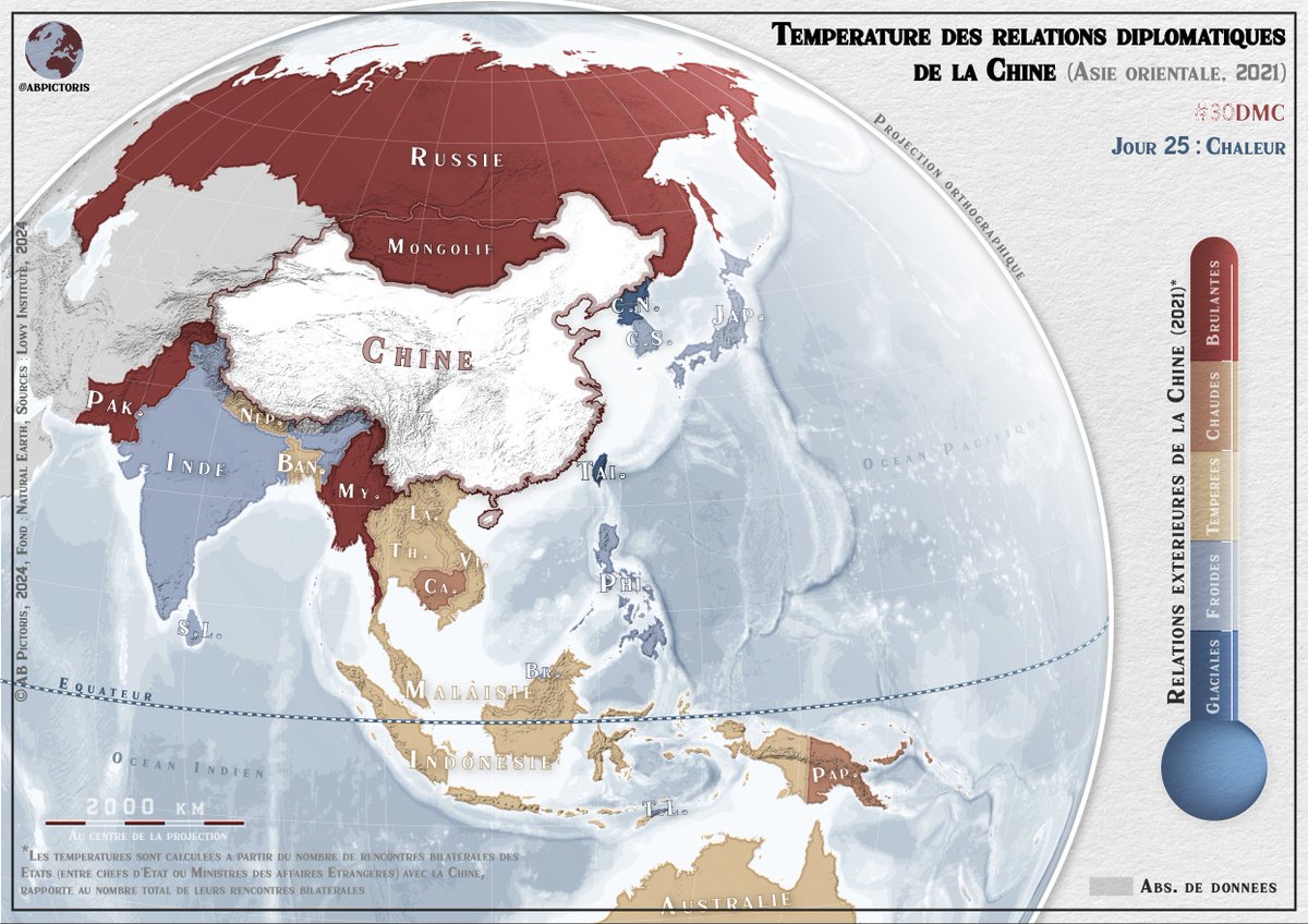 🌡 Quelle est la température des relations diplomatiques de la Chine en Asie orientale (2021) ? 

#30DayMapChallenge - J25 : Chaleur

Source : Lowy Institute, 2021

Réalisée avec QGIS et Illustrator

#map