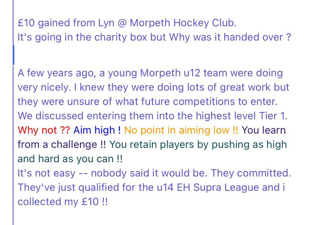 david_brereton1's tweet photo. There are many examples of success across @ynejuniorhockey in u10/12 Cup and u14/16 Tier 1/2/3. Aiming high requires commitment (coaches &amp; players) but is so worth it. This one from @MorpethHockey cost Lyn a tenner for charity👏🏑👏🏑👏🏑
Here’s why  >> https://t.co/id9K1BMyER
