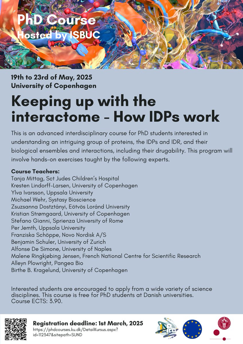 📢PhD Course: Keeping up with the interactome - How IDPs work 🧬

Join us for an interdisciplinary PhD course on IDPs and IDR, their biological ensembles, interactions, and drugability, combined with hands-on exercises taught by international experts! 

phdcourses.ku.dk/DetailKursus.a…