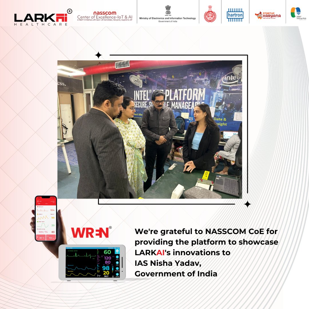 Larkai Healthcare is grateful to <a href="/nasscomCoEIoT/">MeitY-nasscom CoE-IoT & AI</a>  for the incredible opportunity to showcase our innovations on healthcare to the AMD HARTRON, IAS Nisha Yadav.

#innovations #MedTech #multiparameter #WREN #HealthcareInnovation