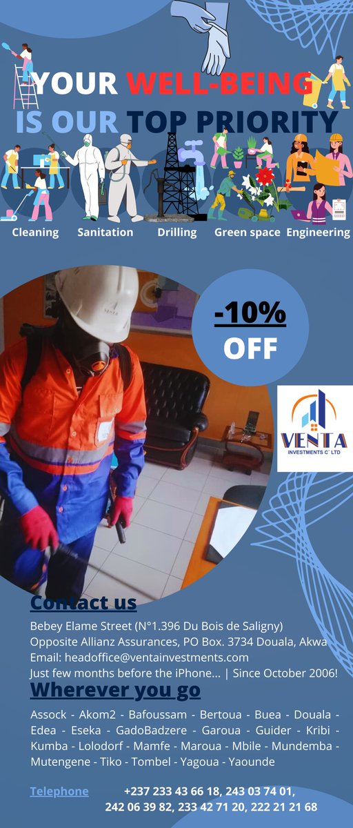 VentaLtd's tweet photo. 📍688 Bebey Elame BP: 3734 Douala, Akwa
🌴Tel. 233 43 66 18, 243 03 74 01, 242 06 39 82
📩ventainvestinfo@gmail.com
-------
Venta Cleaning Services | Services de Nettoyage Général
-------
Industrial Cleaning, General and Phytosanitary Maintenance, Landscape Architecture, Drilling https://t.co/mqeekydfll